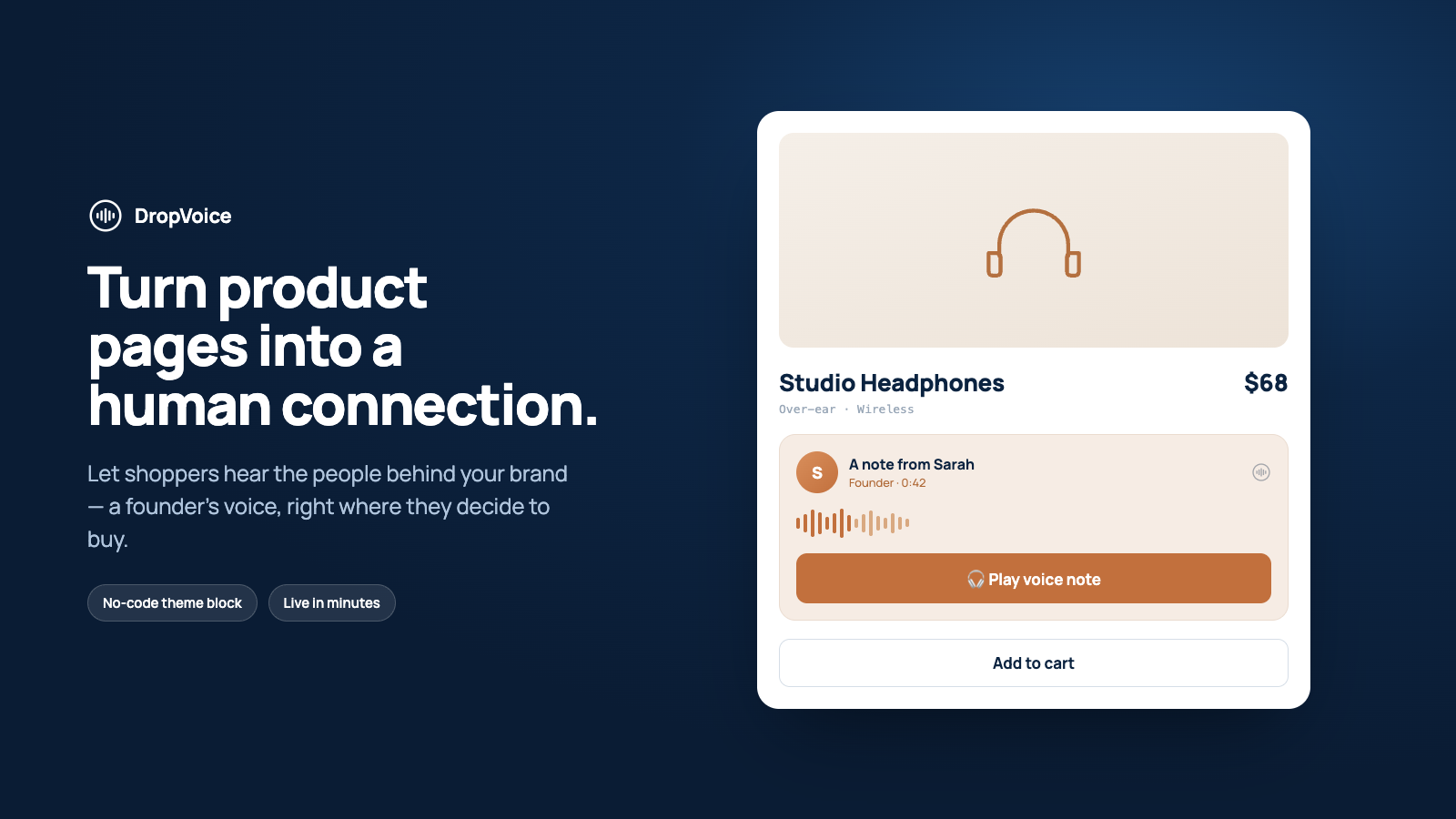A DropVoice player with a play button on a Shopify product page