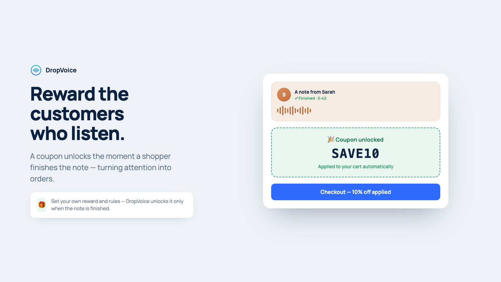 A discount code unlocking after a shopper finishes listening to a voice note