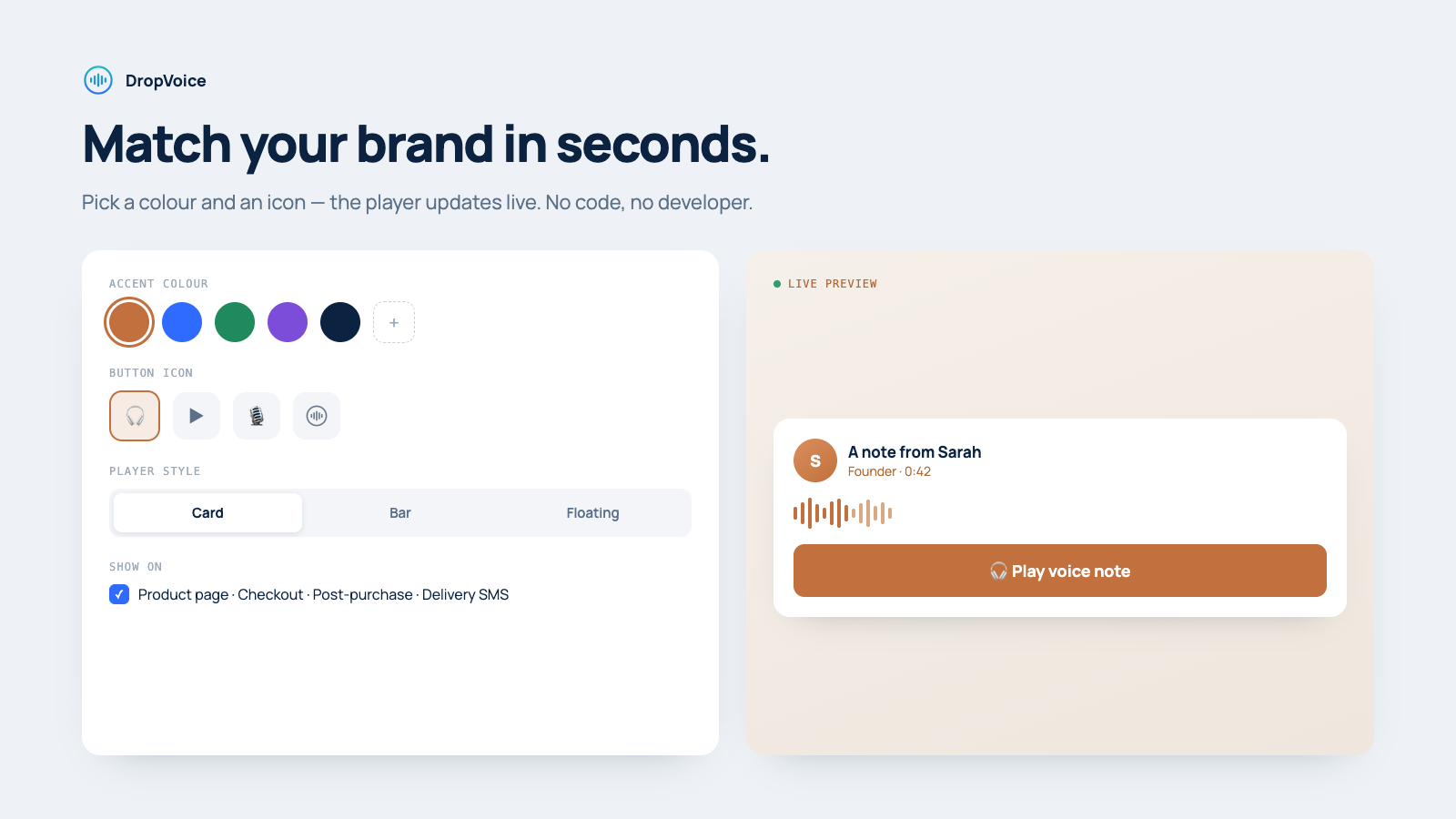 DropVoice settings to match the player colour and icon to your brand, with a live preview